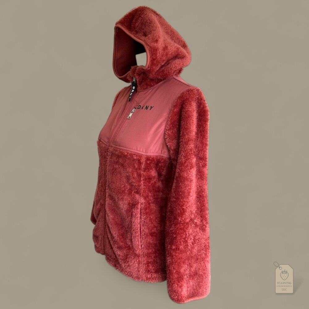 DKNY Sport Girls Faux Fur Hoodie Jacket L 14/16 Coral Rust Zip Front Sherpa - Picture 4 of 9